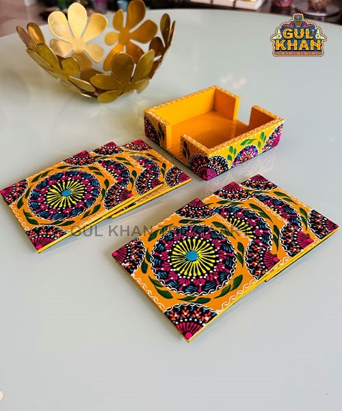 Yellow Cone Art Coaster Set Of Six (Handpainted)